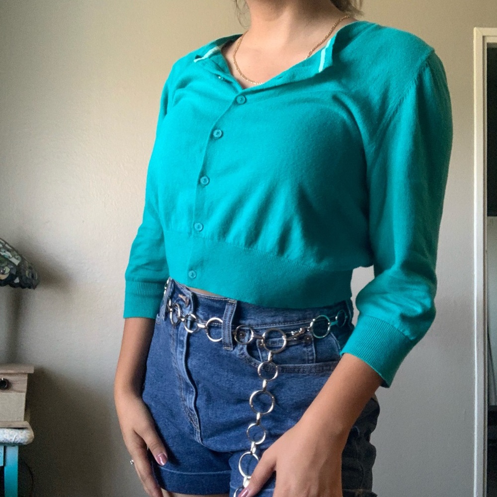 Teal blue cropped cardigan 🍭